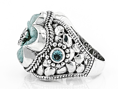 Artisan Collection Of Bali™ 18mm Carved Quartzite Flower And 0.60ctw Swiss Blue Topaz Silver Ring - Size 12