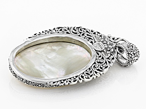Artisan Collection Of Bali™ 40x30mm Carved Mother Of Pearl With Inlaid Paua Shell Silver Pendant