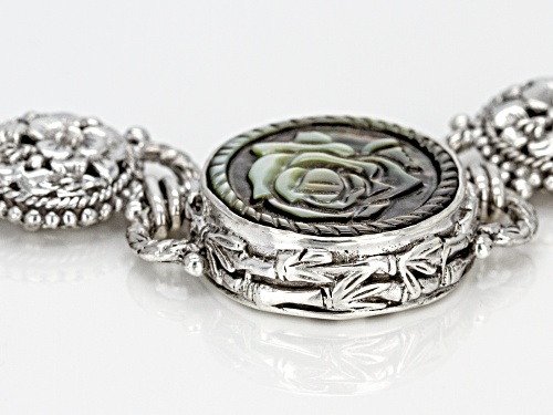Artisan Collection Of Bali™ 20mm Round, Carved Black Mother Of Pearl Rose Silver Bracelet - Size 7