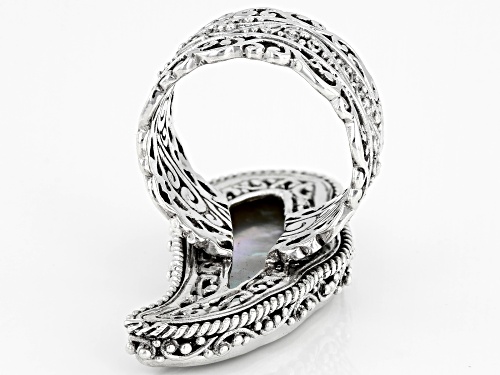 Artisan Collection Of Bali™ Custom Shape Carved Mother Of Pearl Angel Wing Silver Band Ring - Size 8