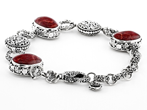 Artisan Collection Of Bali™ 16x11mm Oval Red Indonesian Sponge Coral Silver Floral Bracelet - Size 6.5