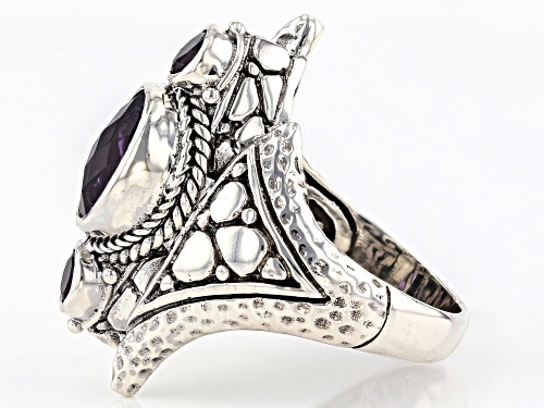 Artisan Collection Of Bali™ 2.64ctw Mixed Shapes, Carved & Checkerboard Amethyst Silver Ring - Size 7