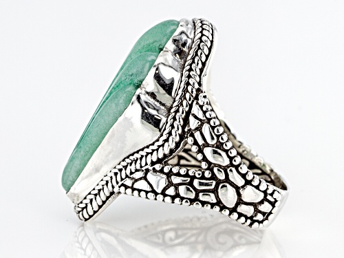 Artisan Collection Of Bali™ 24x16mm Custom Shape, Carved Green Quartzite Fan Silver Solitaire Ring - Size 7