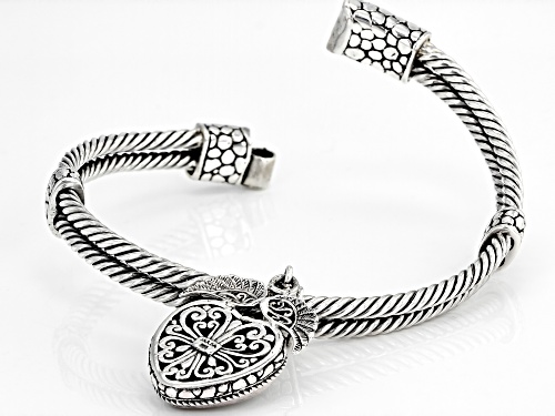 Artisan Collection Of Bali™ Carved White Mother Of Pearl Heart Silver Charm Bangle Bracelet - Size 6.75