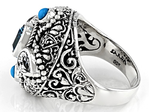 Artisan Collection of Bali™ Blue & White Topaz w/ Sleeping Beauty Turquoise Silver Ring - Size 10