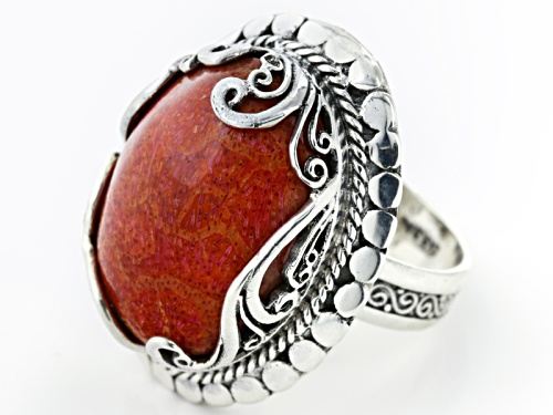 Artisan Gem Collection Of Bali™ 25x18mm Oval Red Bamboo Coral Sterling Silver Solitaire Ring - Size 7