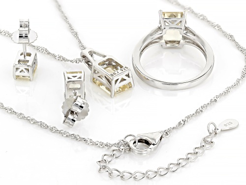 6.95ctw Rectangular Yellow Labradorite Rhodium Over Silver Ring,Earrings, Pendant With Chain