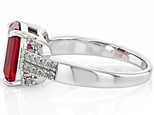 3.50ct Rectangular Octagonal Lab Created Ruby With 0.24ctw White Zircon Rhodium Over Silver Ring - Size 9