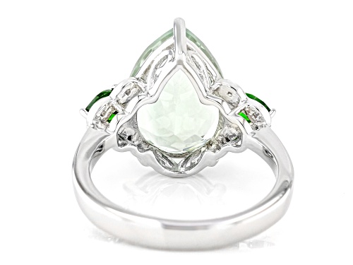 4.28ct Pear Shape Prasiolite, 0.29ctw Chrome Diopside,.07ctw White Zircon Rhodium Over Silver Ring - Size 7