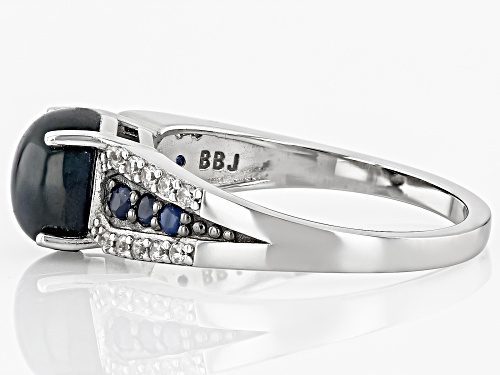 8mm Round Blue Star Sapphire ,.41ctw Blue Sapphire With .26ctw Zircon Rhodium Over Silver Ring - Size 6