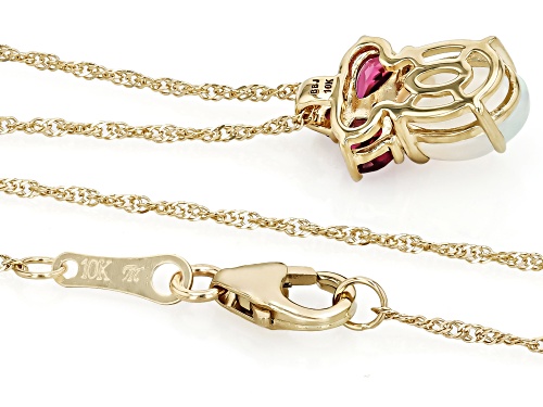 .71ct Ethiopian Opal With .44ctw Rhodolite & .01ctw White Diamond 10k Yellow Gold Pendant With Chain