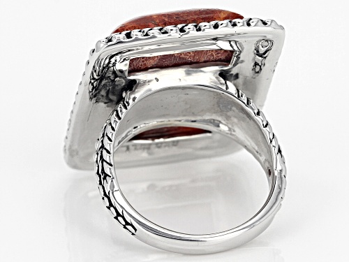 Southwest Style by JTV™ rectangle cabochon red sponge coral rhodium over sterling silver ring - Size 5