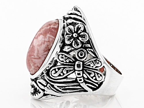 Southwest Style By JTV™ 16x10mm Oval Rhodochrosite Solitaire Dragonfly/Floral Silver Ring - Size 7
