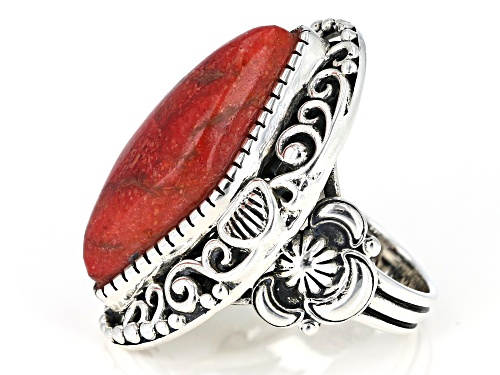 Southwest Style By JTV™ 27x11mm Lozenge Shape Red Sponge Coral Rhodium Over Sterling Silver Ring - Size 6