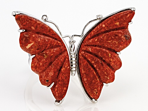 Southwest Style By JTV™ 28mm Custom Carved Red Sponge Coral Rhodium Over Silver Butterfly Ring - Size 8.5