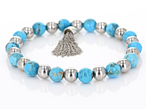 Southwest Style By JTV™ 8mm Round Turquoise Rhodium Over Silver Bead & Tassel Stretch Bracelet
