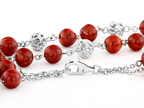 Southwest Style By JTV™8mm Round Red Sponge Coral Double Strand Rhodium Over Silver Bead Necklace - Size 20