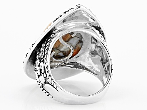 Southwest Style By JTV™ 20x13mm Pear Shape Orange Spiny Oyster Shell Rhodium Over Silver Ring - Size 7
