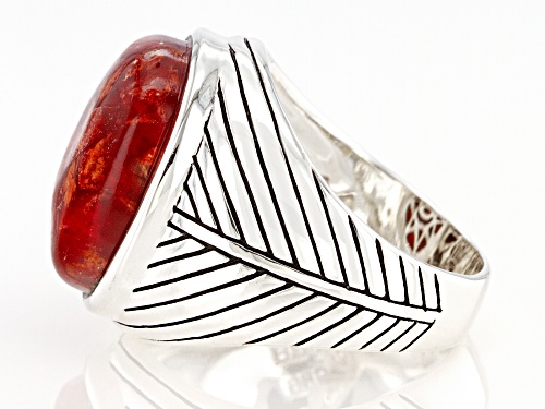 Southwest Style By JTV™ 17x14mm Oval Red Coral Cabochon Rhodium Over Silver Solitaire Ring - Size 8