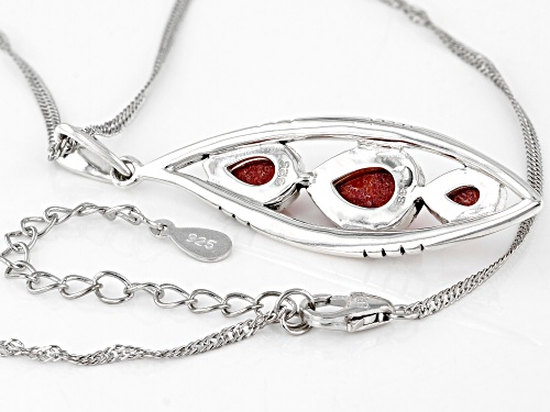 Southwest Style by JTV™ Pear Red Sponge Coral Rhodium Over Silver 3 Stone Pendant with Chain