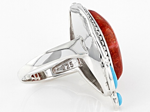 Southwest Style By JTV™ Coral and Sleeping Beauty Turquoise Rhodium Over Sterling Silver Ring - Size 12