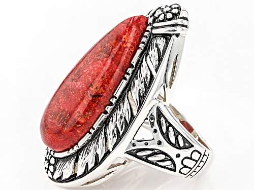 Southwest Style By JTV™ Pear Shaped Red Sponge Coral Rhodium Over Sterling Silver Ring - Size 8