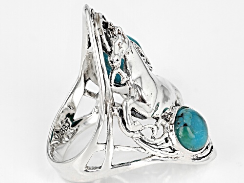 Southwest Style By JTV™ Oval and Round Blue Turquoise Rhodium over Silver Horse 2- Stone Ring - Size 7