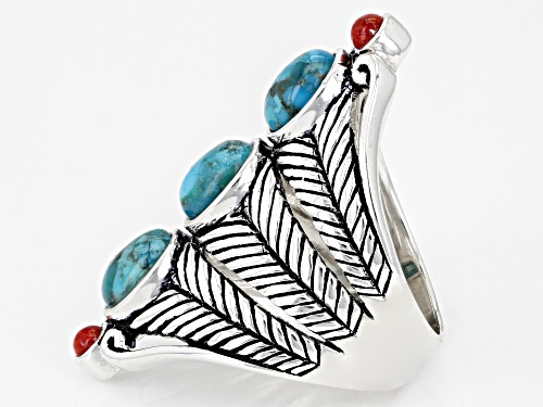 Southwest Style By JTV™ Blue Turquoise and Red Sponge Coral Rhodium over Sterling Silver Ring - Size 6