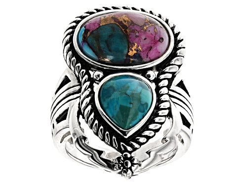 Southwest Style By JTV™ Blended Turquoise and Purple Spiny Oyster Shell Rhodium Over Silver Ring - Size 12