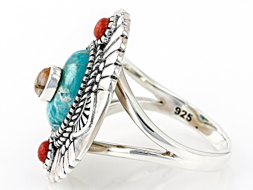 Southwest Style By JTV™ Turquoise With Spiny Oyster and Red Coral Rhodium Over Silver Ring - Size 8