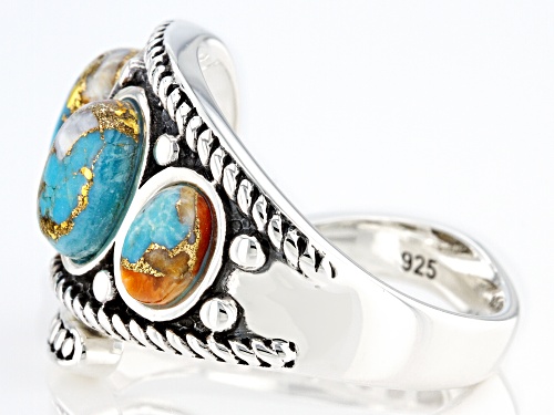 Southwest Style by JTV™ Blended Turquoise and Spiny Oyster Shell Three Stone Sterling Silver Ring - Size 9