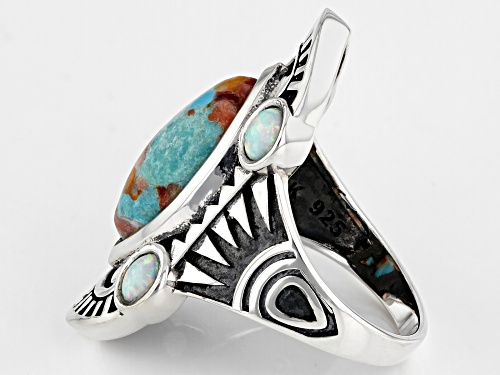 Southwest Style by JTV™ Blended Turquoise With Spiny Oyster & Lab Opal Rhodium Over Silver Ring - Size 7
