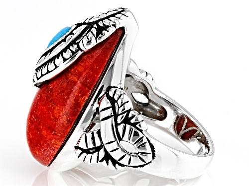Southwest Style By JTV™ Sleeping Beauty Turquoise and Sponge Coral Sterling Silver Ring - Size 11