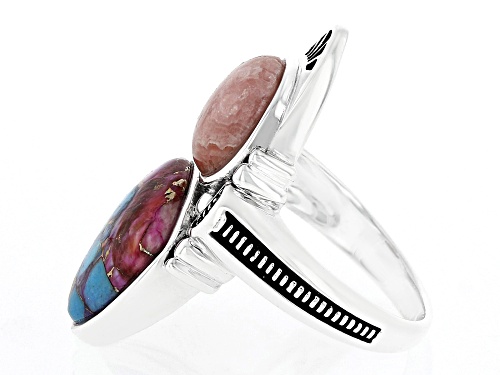 Southwest Style By JTV™ Rhodochrosite with Blended Turquoise & Purple Spiny Oyster Shell Silver Ring - Size 7