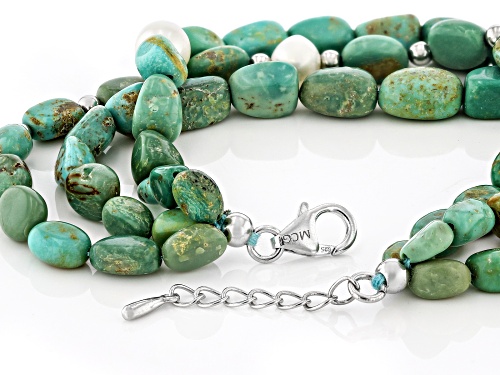 Southwest Style by JTV™ Kingman Turquoise & Cultured Freshwater Pearl Rhodium Over Silver Bracelet - Size 7.5