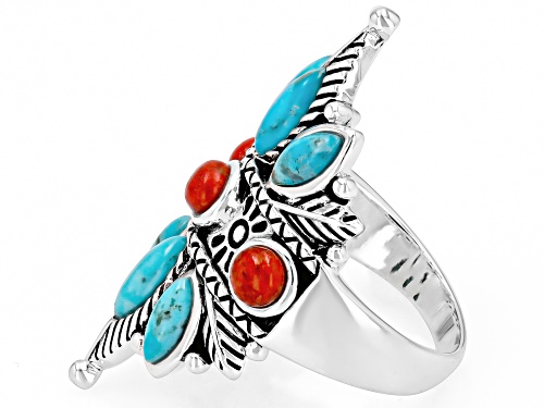 Southwest Style by JTV™ Blue Turquoise & Red Sponge Coral Sterling Silver Statement Ring - Size 7
