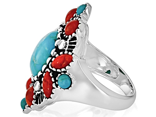 Southwest Style by JTV™ 12x10mm Turquoise & Red Sponge Coral Sterling Silver Ring - Size 6