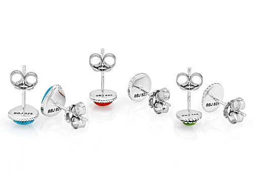 Southwest Style by JTV™ Coral, Green & Blue Turquoise Sterling Silver Set of 3 Stud Earrings