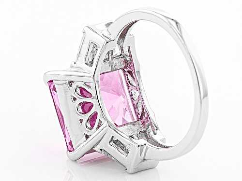 9.70ct Square Lab Created Pink Sapphire & .97ctw Tapered Baguette White Zircon Silver Ring - Size 7