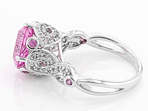 4.04ct Lab Created Pink Sapphire W/ .18ctw Pink Sapphire & .32ctw Topaz Rhodium Over Silver Ring - Size 9