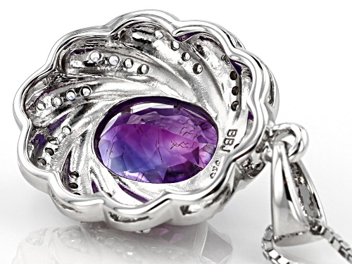 2.72CT OVAL MOROCCAN AMETHYST WITH .25CTW ROUND WHITE ZIRCON RHODIUM OVER SILVER PENDANT W/CHAIN WEB
