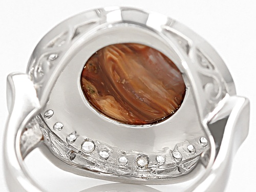 12mm Round Cabochon Mexican Caramel Spice Opal, .57ctw Round White Zircon Silver Ring - Size 7