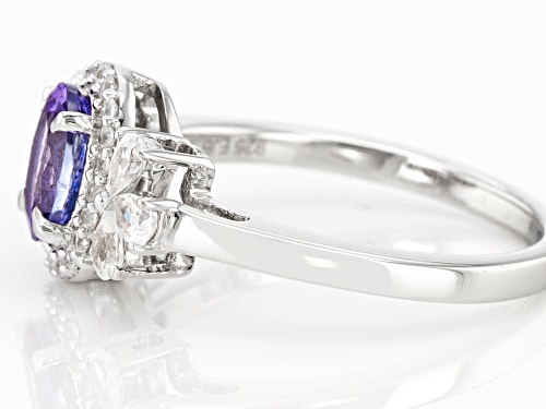 1.33ctw Blue Ocean Tanzanite With White Zircon Rhodium Over Sterling Silver Ring - Size 8