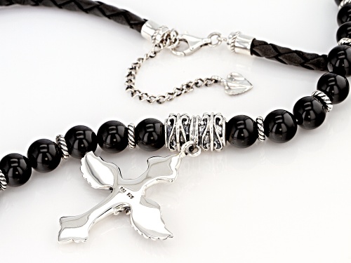 Southwest Style By JTV™ Mens Black Onyx Rhodium Over Silver Skull & Cross Necklace With Leather Cord - Size 20