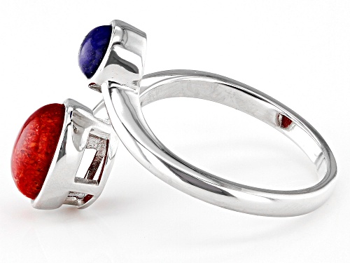 Southwest Style By JTV™ Red Sponge Coral and Lapis Lazuli Rhodium Over Silver Bypass Ring - Size 8