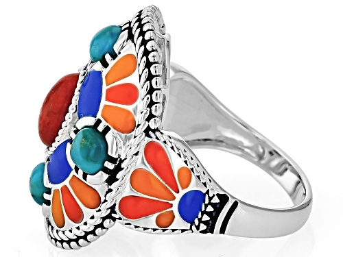 Southwest Style by JTV™ Sponge Coral With Turquoise and Enamel Sterling Silver Ring - Size 7