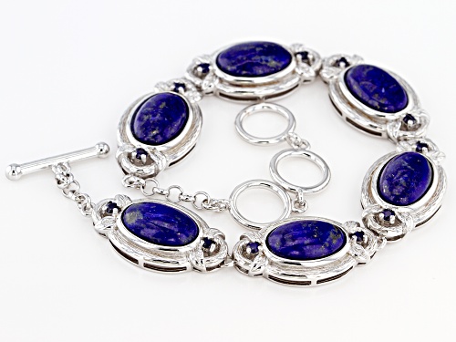 12x8MM OVAL LAPIS WITH .41CTW LAB CREATED SAPPHIRE RHODIUM OVER STERLING SILVER BRACELET - Size 7.25
