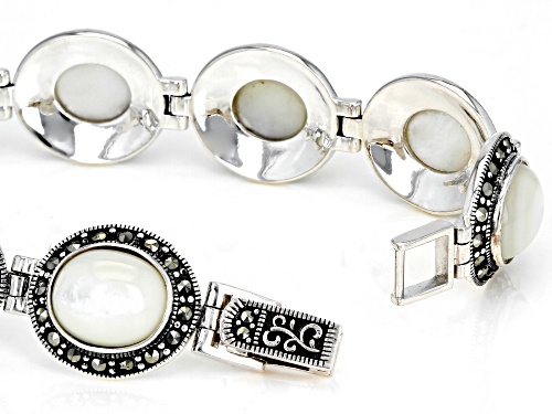 12X10mm Oval Cabochon Mother-of-Pearl and Round Marcasite Rhodium Over Sterling Silver Bracelet - Size 8