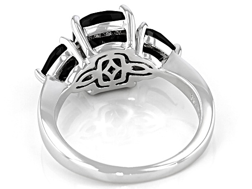 4.38cwt Rectangular Cushion and Heart Shape Black Spinel Rhodium Over Silver 3-Stone Ring - Size 8