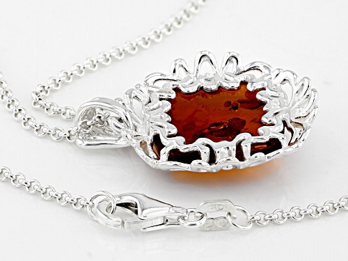 14mm Square Cabochon Cognac Amber Sterling Silver Pendant With Chain